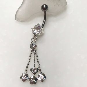 Clear Gem FLower Heart Dangle Belly Button Ring Navel Piercing 14 gauge New